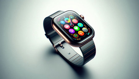 Smart watch with colorful application icons on the screen. 3d illustration