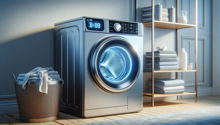 Laundry room with washing machine and towels. 3d rendering