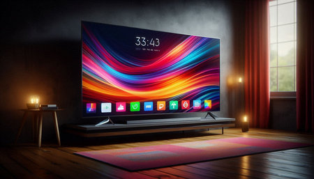 Television screen in the room with colorful lights. 3D rendering