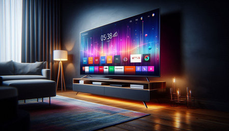 Modern TV with color charts on screen in dark room. 3D rendering