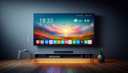 Modern TV with colorful screen on the wall. 3D rendering.
