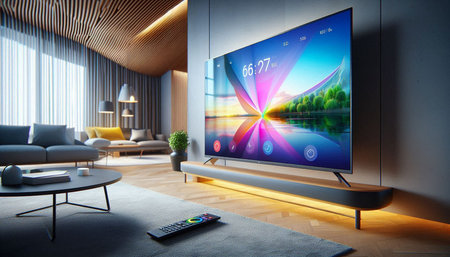 Modern interior of living room with plasma tv. 3D rendering.