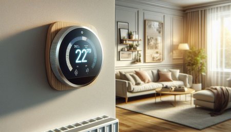 Modern thermostat on the wall in the living room. 3d rendering