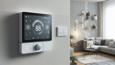 Digital composite of thermostat on wall in living room. 3d rendering