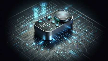 Digital illustration of a remote control on a circuit board. 3d rendering