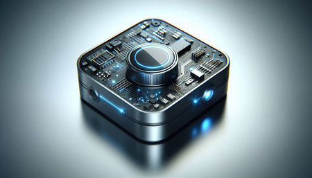 Digital illustration of a camera in digital colour background. 3d rendering