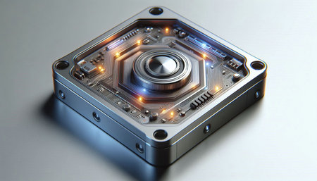 Highly rendering of a digital camera with led lights on it.