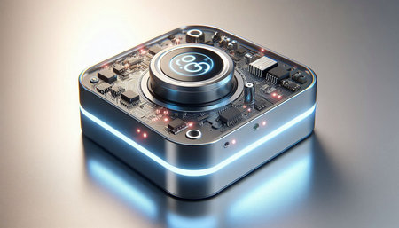Highly rendering of a digital camera on a reflective grey background.