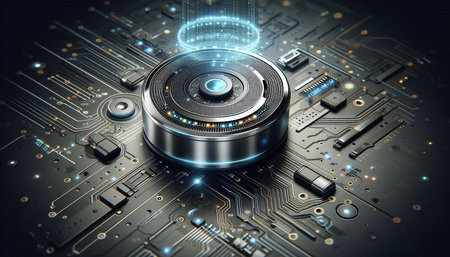 Circuit board with camera lens. 3d rendering, 3d illustration.
