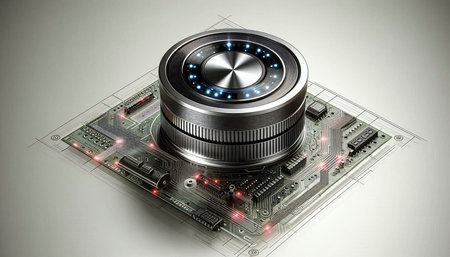 Circuit board and camera lens on a white background. 3d rendering