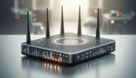 Wireless router on a table in the room. 3d rendering
