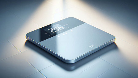 Digital composite of Digital clock with light flare against grey background and floor