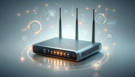 Router with digital icons on grey background. 3D rendering.