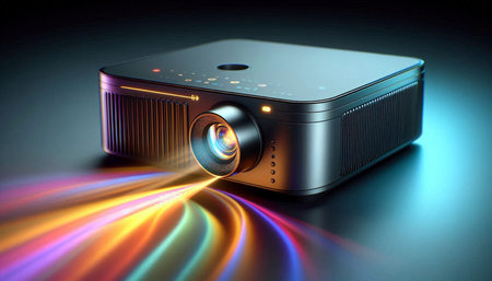 Digital composite of 3D projector with multicolor flare in black background