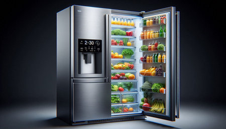 Refrigerator full of fresh fruits and vegetables. 3d rendering