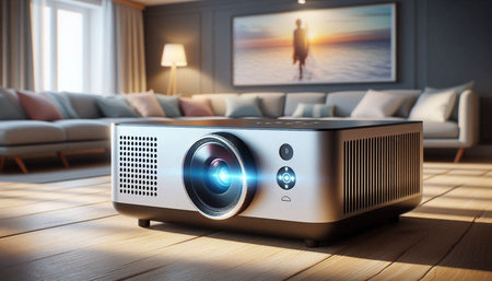 Digital composite of 3D Movie projector in living room with beach view