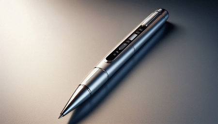 Silver pen on a grey background. 3d rendering, 3d illustration.