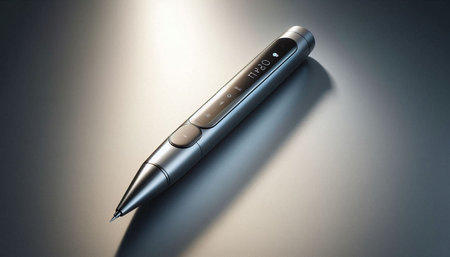 Pen on a gray background. Close-up of a metal pen.