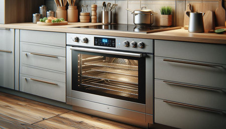 Modern kitchen interior with electric oven. 3d rendering. toned image