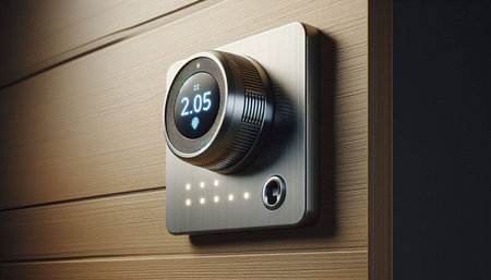 Electrical thermostat on a wooden wall, 3D rendering