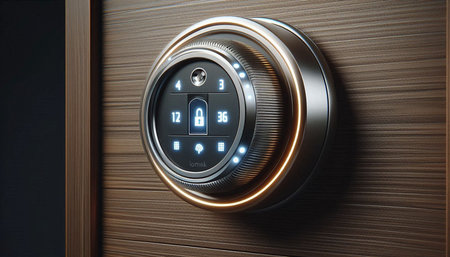 Digital illustration of combination lock in front of a door in a room