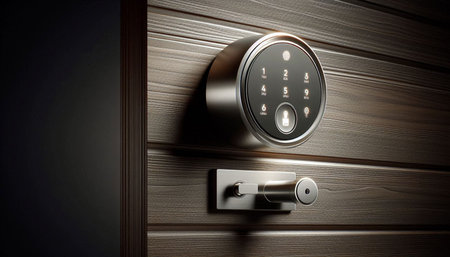 Digital composite of Security door lock with light flare against dark grey background