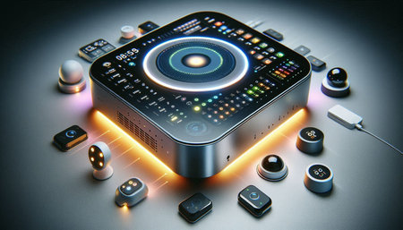 Digital illustration of a dj mixer in digital background. 3D rendering.