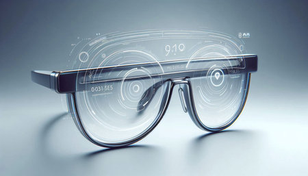Glasses with glowing tech interface on gray background. 3D rendering