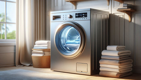 Laundry room interior with washing machine and towels. 3d rendering