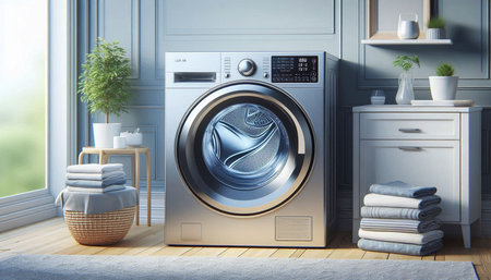 Laundry room interior with washing machine. 3D rendering.