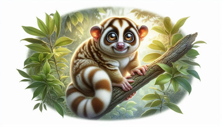 3D rendering of a cute lemur on a tree branch.