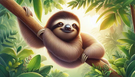 3d illustration of cute sloth hanging on a branch in the jungle