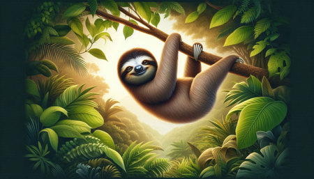 Sleeping sloth in the jungle. 3D illustration.の写真素材