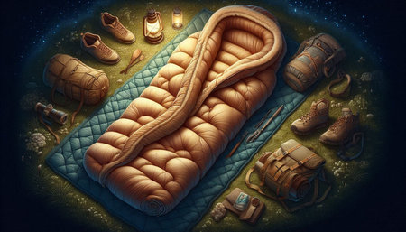 3d illustration of a sleeping bag and camping equipment in the night