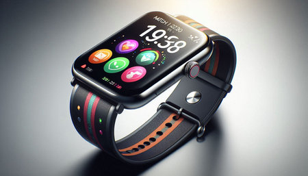 Smart watch with colorful application icons on the screen. 3D rendering
