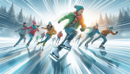 Group of young people skating on ice. Mixed media. Mixed media