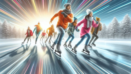 Group of people skating on the road in winter. Winter sport.