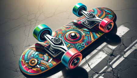 Skateboard on asphalt road. Psychedelic design. 3D rendering