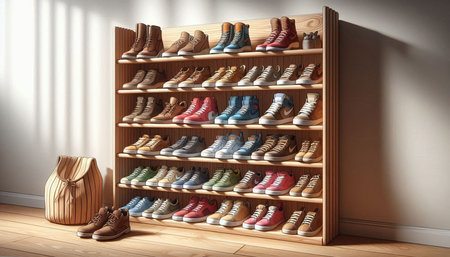 3d render of shoe rack with different shoes in a shoe storeの写真素材