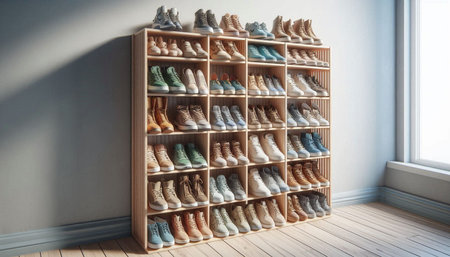 Shelves with different shoes in the interior of the room.の写真素材
