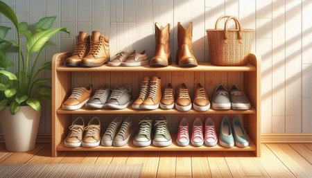 Shoes on a shelf in the room. 3D rendering.の写真素材