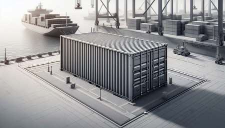 Container Cargo freight ship with working crane bridge in sea port. 3d render