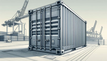 Cargo container with crane on the background of the sea port. 3d rendering
