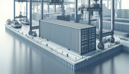 3d rendering of shipping container and cargo ship in sea port.