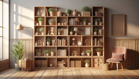 Wooden bookshelves with books and decorations in modern interior. 3D renderingの写真素材