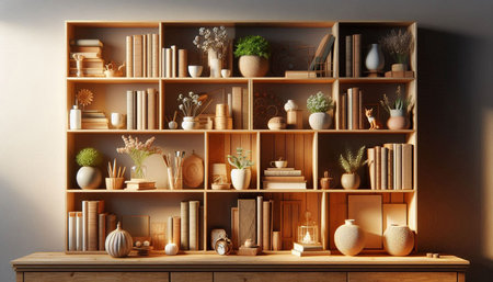 Bookshelf with books and vases in interior. 3d renderの写真素材