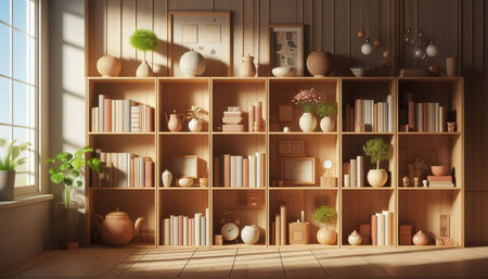 3d render of bookshelves with decorative objects in living roomの写真素材