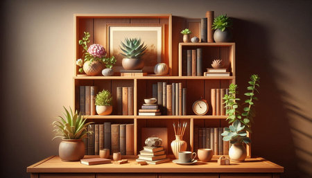 3d illustration of a bookshelf with plants in the interiorの写真素材