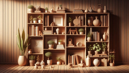 3d illustration of bookshelves with vases and plants.の写真素材