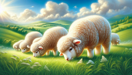 Sheep on green meadow. 3D illustration. Nature background.